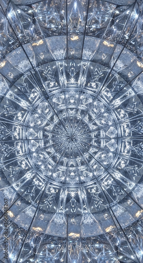 Poster intricate geometric pattern radiating subtle reflections, evoking a sense of expansive depth and sym