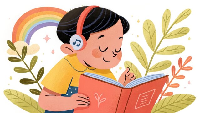 illustration of child with headphones reading book, surrounded by leaves and rainbow for websites or blogs about education,children's books,learning, audiobooks,mindfulness and relaxation