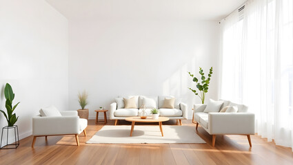 Bright living room with white sofas armchair plants and wooden floor in a minimalist style design