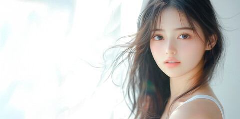 A young woman with long black hair, her hair blowing in the wind, turns around (beauty, cosmetics, skincare, health)