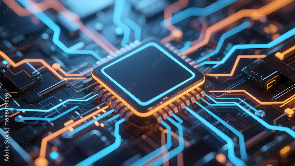 Poster high-tech circuit board with illuminated pathways