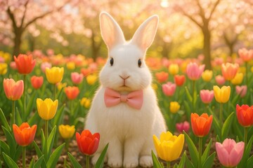 Fototapeta premium Charming Easter bunny wearing pastel bow tie surrounded by colorful spring tulips in enchanting garden setting