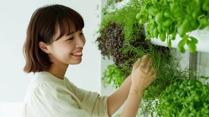 Woman harvesting herbs from vertical garden