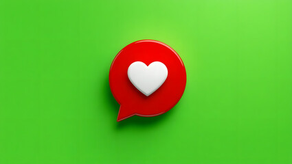 Red speech bubble with a white heart against a solid green background in a minimalist style