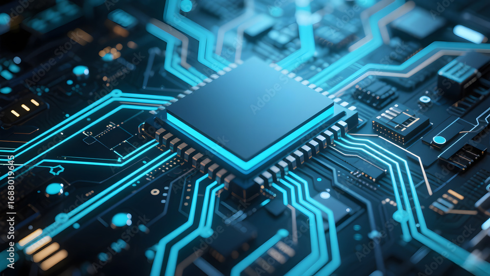 Poster high-tech circuit board with illuminated pathways and central processor