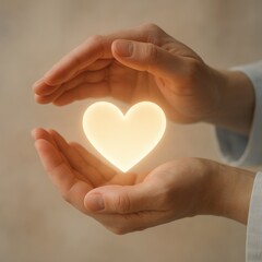 Obraz premium Compassionate healthcare concept with gentle hands cradling glowing heart symbol representing medical care charity and community wellness initiatives