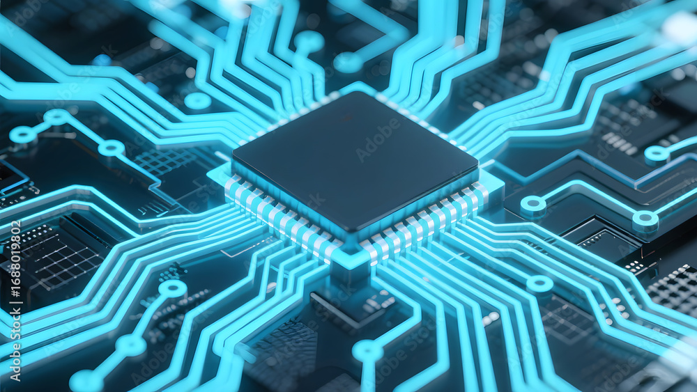 Poster advanced microchip on a circuit board with illuminated connections