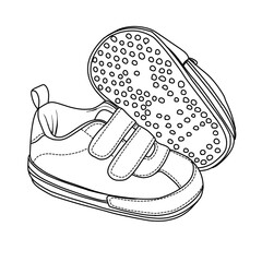 Close up of a pair of baby shoes, featuring double straps and a textured sole. The shoes are designed for comfort and support.