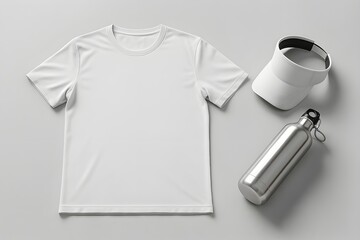 Blank white T-shirt, visor and metal water bottle mockup – flat lay on gray background
