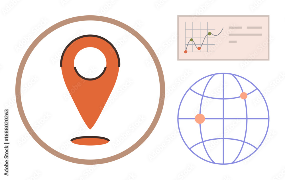 Poster location pin inside a circle, globe with highlighted points, and analytics chart. ideal for navigati