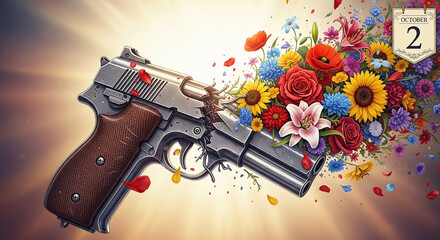 Conceptual illustration of a broken gun transforming into colorful flowers, symbolizing the power of peace and non-violence on October 2. Powerful visual metaphor.