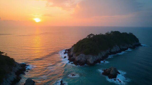 Aerial drone shot of coastline at Lembongan island. Sunset with ocean and rocky shoreline