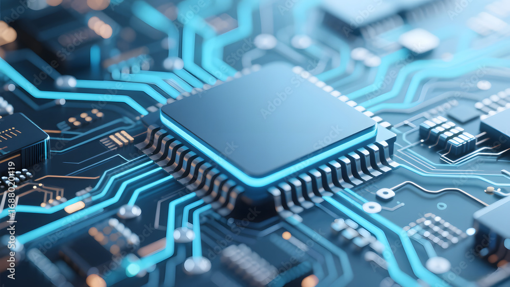 Poster close-up of a microprocessor on a circuit board with illuminated connections