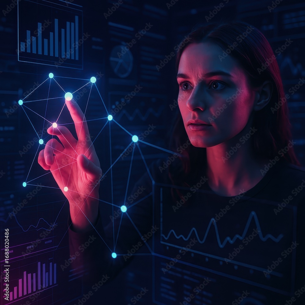 Poster futuristic interface specialist orchestrating holographic 3d network links with precise hand gesture