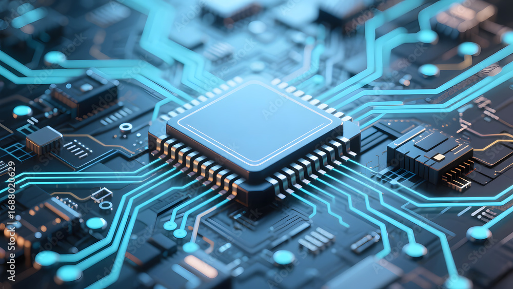 Poster high-tech microprocessor on a circuit board with illuminated connections