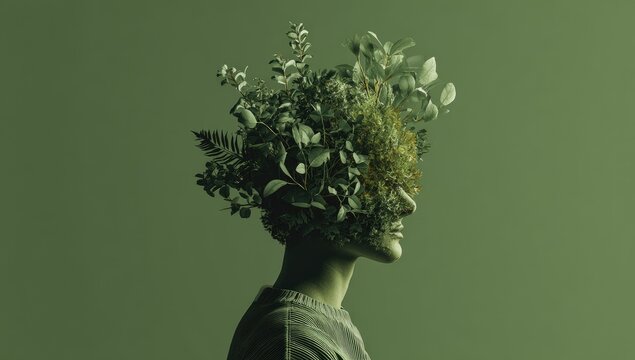 A profile view of a figure with a head adorned with greenery against a muted green background