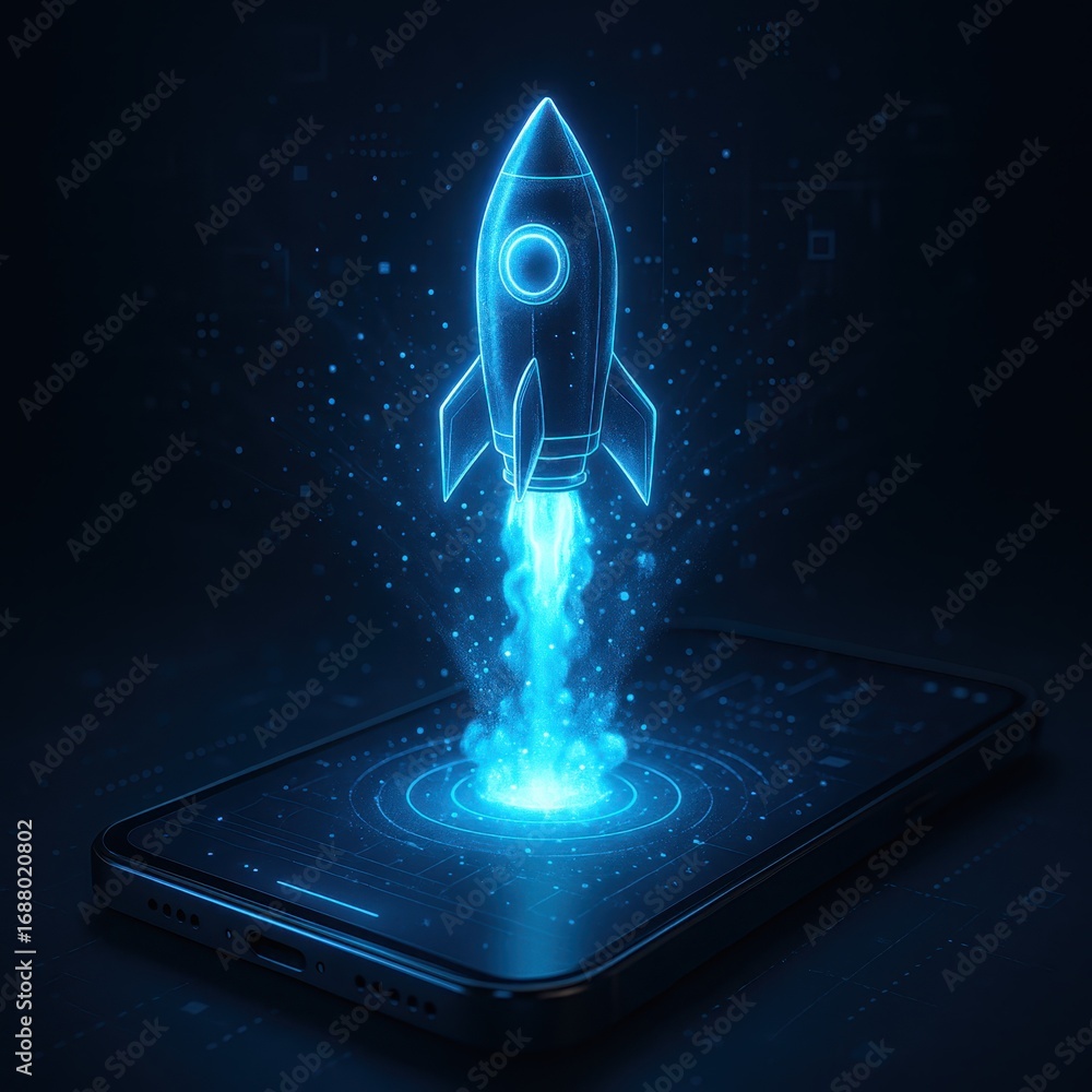 Poster innovative smartphone displaying holographic spaceship launch with futuristic technology visualizati