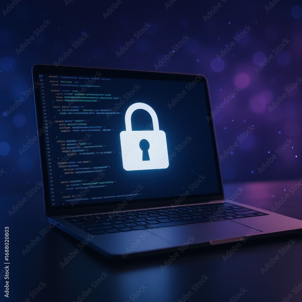Poster internet security banner with laptop streaming code glowing lock icon and flowing data signals acros