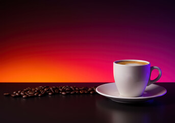 Obraz premium A coffee cup with beans on a black surface against a red orange and purple gradient background