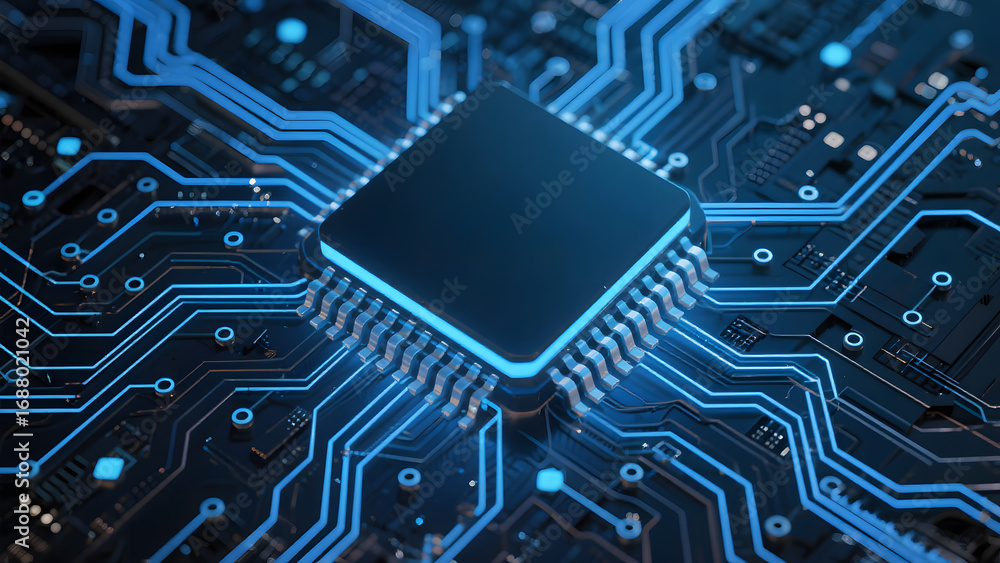 Poster high-tech microchip on a circuit board with blue illumination