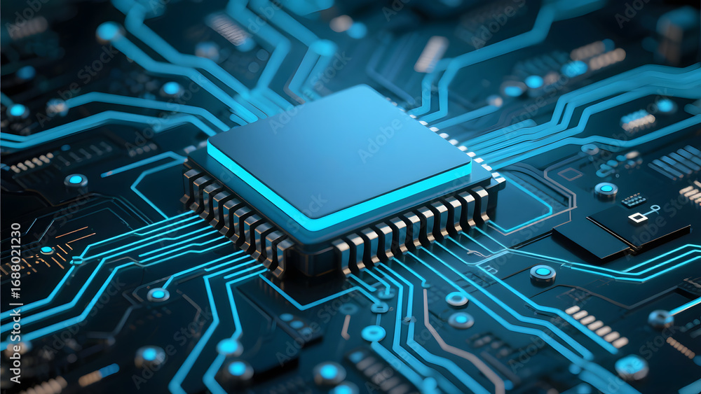 Poster high-tech microprocessor on a circuit board with illuminated pathways