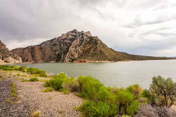 Beautiful view of the Buffalo Bill Reservoir in Wyoming in overcast day