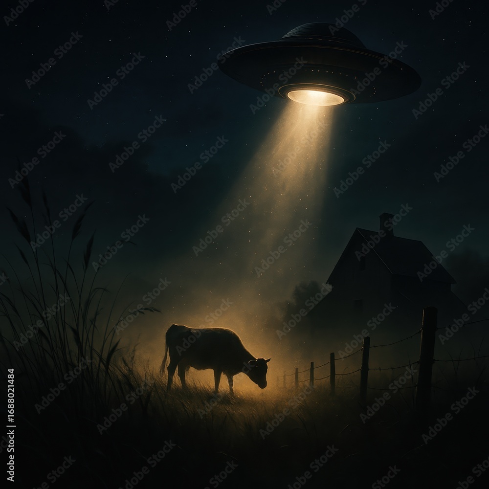 Poster moonlit pasture glows as hovering saucer casts bright beam lifting a startled figure while stars and