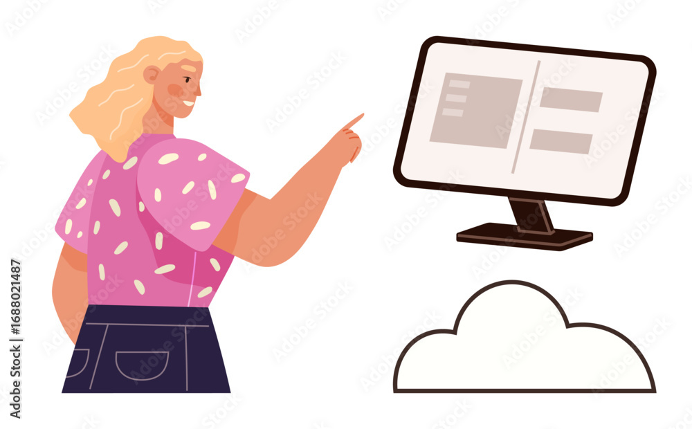 Poster blonde woman pointing at computer monitor with digital content and a cloud icon. ideal for technolog