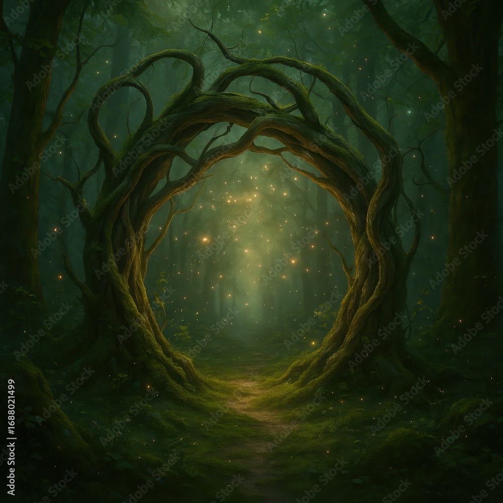 Poster mystical forest portal formed by intertwining tree branches creating magical gateway