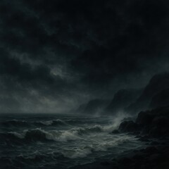 Mysterious foggy coastline with dramatic storm clouds and crashing waves creating moody atmospheric seascape for cinematic backgrounds