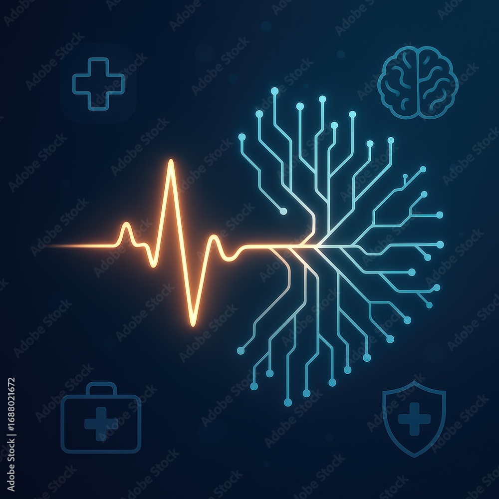 Poster neon ecg waveform evolving into luminous neural network nodes symbolizing smart real time cardiac mo