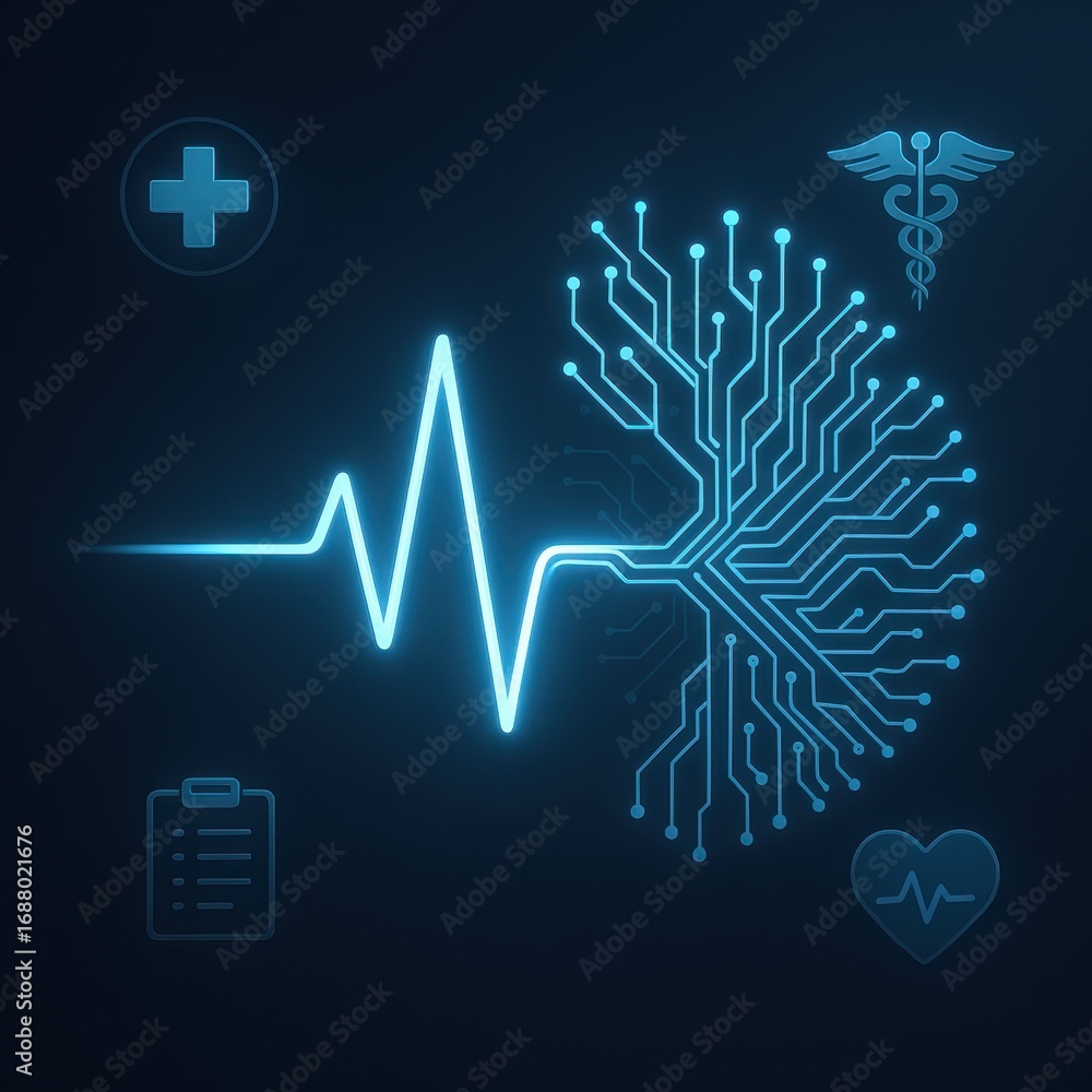 Poster neon ecg waveform evolving into luminous neural network nodes symbolizing smart real time cardiac mo