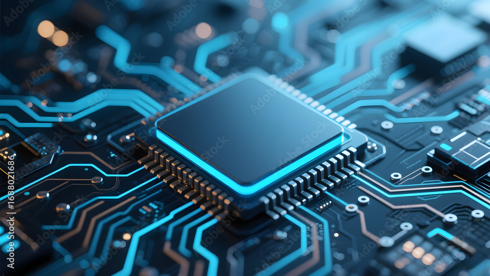Poster high-tech microchip on circuit board with blue illumination