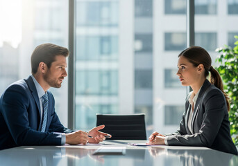 A businessman and a businesswoman discussing about business.