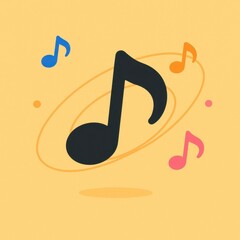 Playful central musical note surrounded by dancing minis on a clean field cheerful graphic for music lessons events streaming banners and creative branding