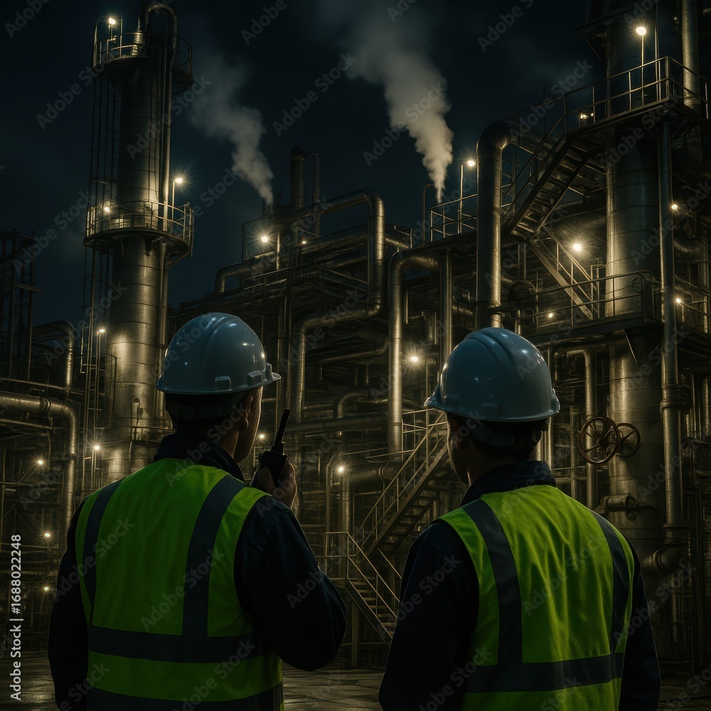 Poster refinery engineers collaborating on catwalk with blazing stacks pipes and columns behind them commun