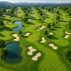 Pristine championship golf course with perfectly manicured fairways and water hazards