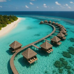 Pristine tropical lagoon paradise with luxury overwater villa accommodations in turquoise waters
