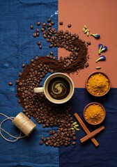 A cup of coffee surrounded by coffee beans, turmeric, cinnamon, and blue flowers on fabric