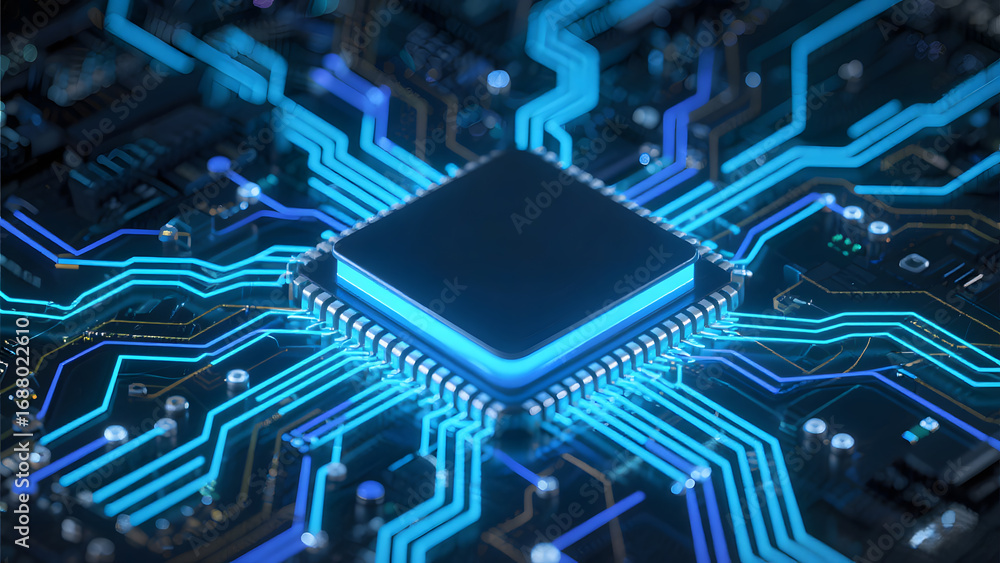 Poster close-up of a microchip on a circuit board with illuminated blue traces