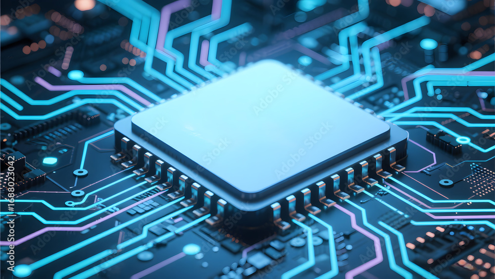 Poster microprocessor on a circuit board with illuminated connections