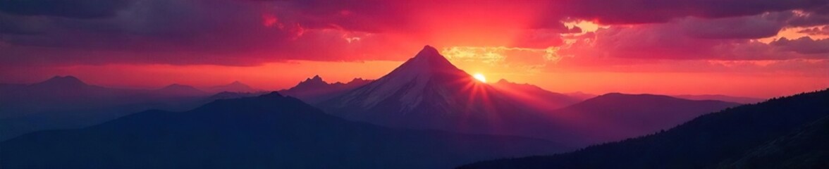 Obraz premium Dramatic, dark mountain range silhouetted against a vibrant sunset sky Perfect for fantasy, adventure, or mystical themed projects , stone, red, evening