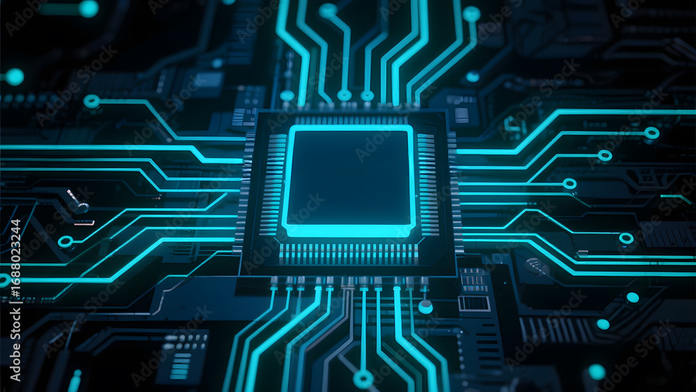 Poster high-tech circuit board with illuminated pathways