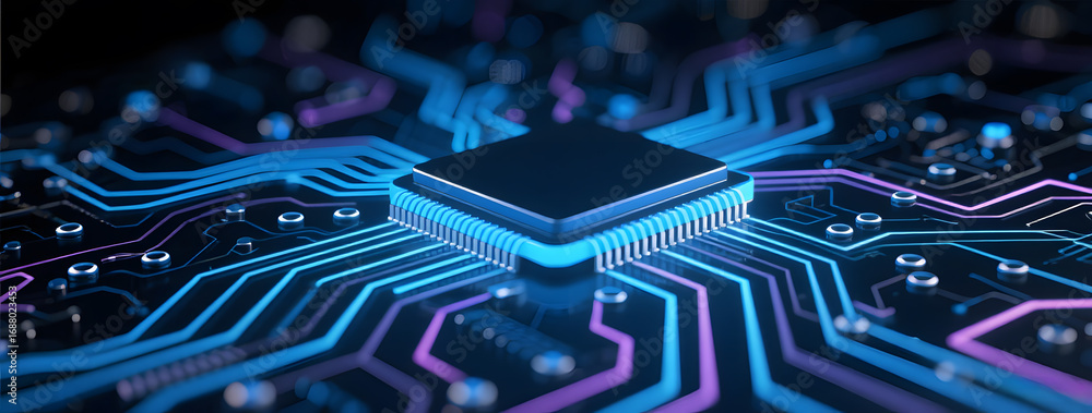 Poster advanced microchip on circuit board with neon lighting