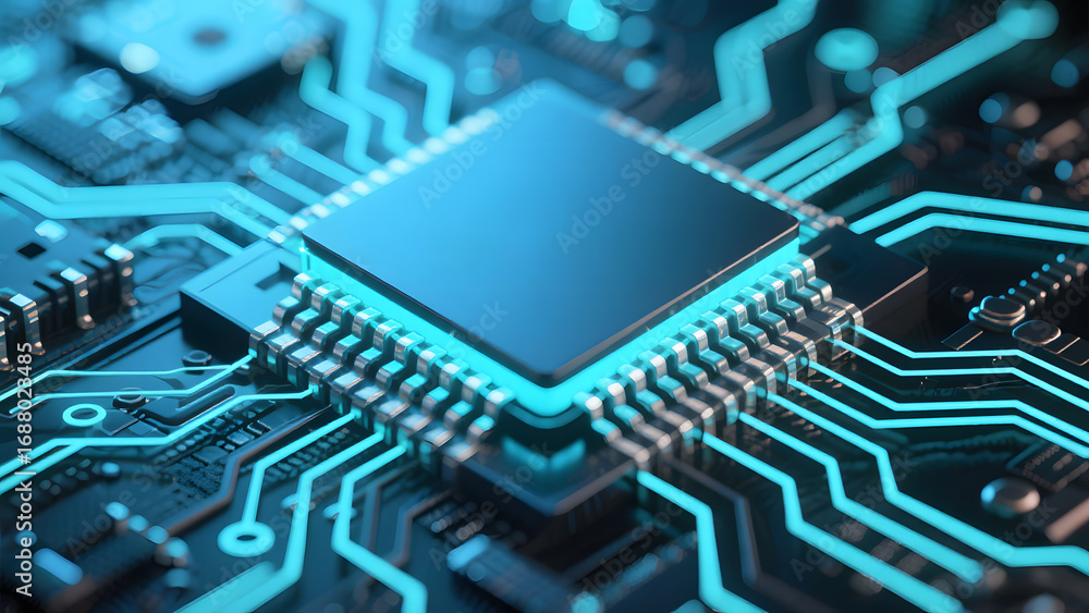 Poster close-up of a microchip with illuminated circuitry