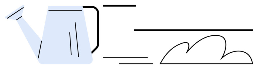 Watering can pouring water with stylized motion lines and a plant, representing nurturing, care, development, growth, sustainability, success, and progress. Ideal for simple flat metaphor