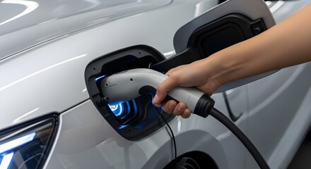 This detailed close-up shows a human hand plugging a white charging cable into the modern silver electric car's port, glowing with cool blue light indoors.