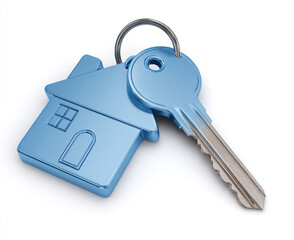 Blue house shaped keychain and silver key on white background