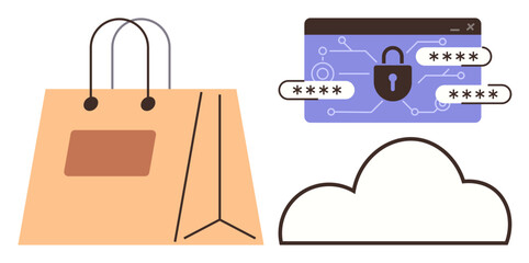 Shopping bag, lock-protected browser with encrypted passwords, and a cloud icon. Ideal for e-commerce, cybersecurity, cloud technology, innovation, data protection online payment privacy. Simple