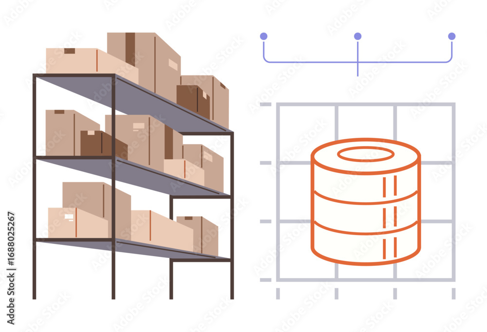 Poster metal shelving with cardboard boxes next to a grid chart featuring stacked database icons. ideal for